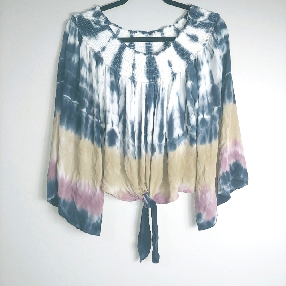S‎ Vintage Havana Tie-Dye Off Shoulder Tie Front Rayon Top